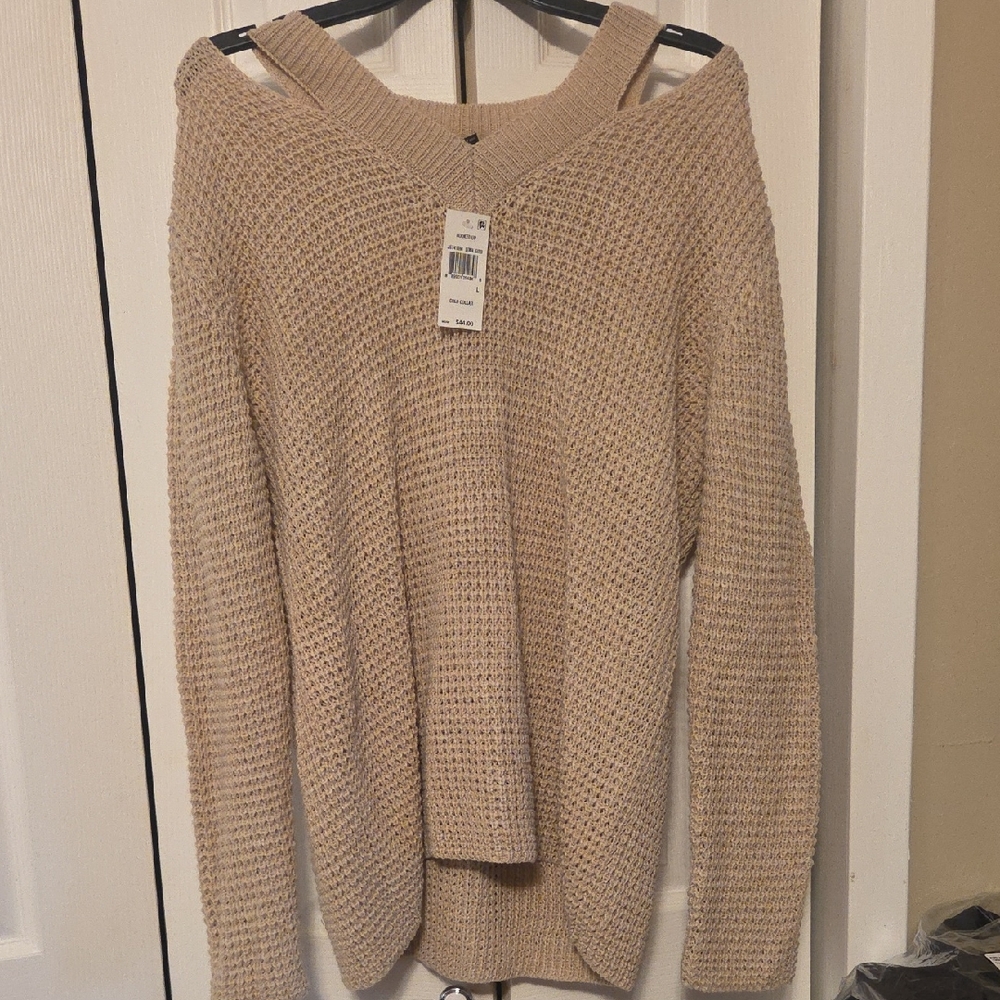 NWT Hooked Up by IOT Off-the-Shoulder Tan Sweater